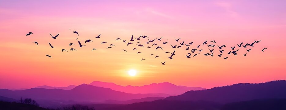Birds fly sunset mountainscape