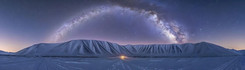 Majestic milky way over snowy mountains at twilight.