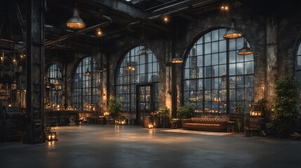 Fototapeta premium Urban Loft Night NYC Skyline View with Industrial Chic.