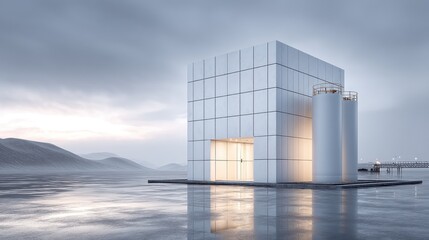 Obraz premium Minimalist Cube Building on Coastline under Cloudy Sky Architecture.