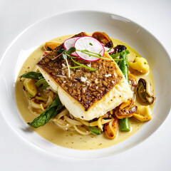 Pan fried Norwegian halibut served in a guazzetto of vongole, mussels and white wine sauce, sea asparagus, confits onions and pickled radish