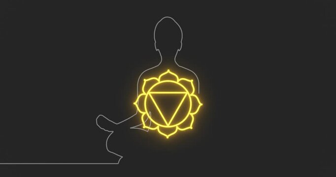 Young girl with sitting in yoga lotus pose. Solar plexus chakra point with definition. Happy relaxed female character performing meditation exercise. Sport and health. Fashion girl outline silhouette.