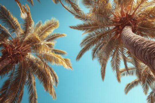 Tropical palm trees reaching for clear blue sky, worm's eye view, summer vacation vibes, exotic travel destination