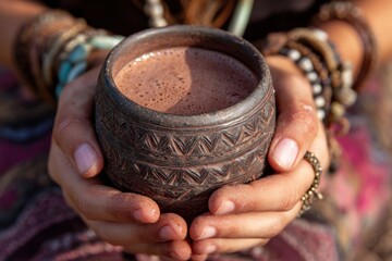 Woman holding ceremonial cacao drink in ornate cup close up spiritual wellness ritual ancient beverage