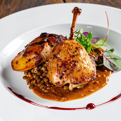 Roasted quail, pan fried foie gras, lentils and glaze of quail sauce