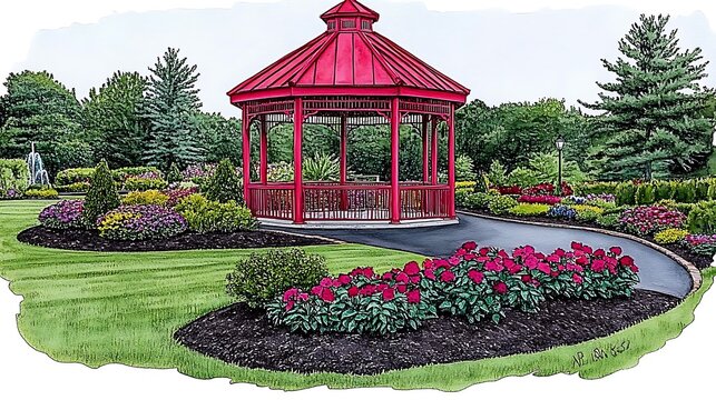 Red gazebo garden park path flowers