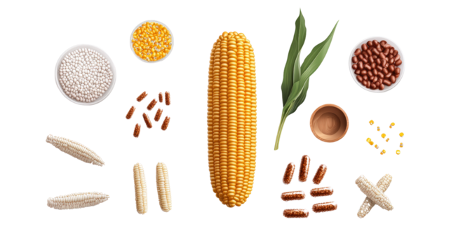 An overhead view shows a realistic corn cob and assorted derivatives isolated on a plain white background.