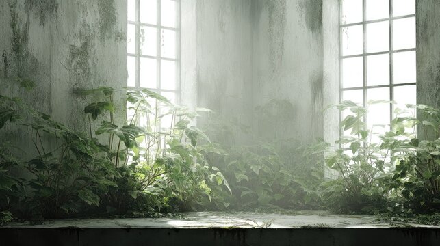 Abandoned Room Overgrown plants invade lightfilled with decaying space Eerie.