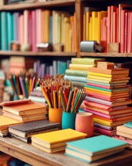 Colorful Books and Pencils on Wooden Table in Library Close Up Still Life Education and Learning Concept