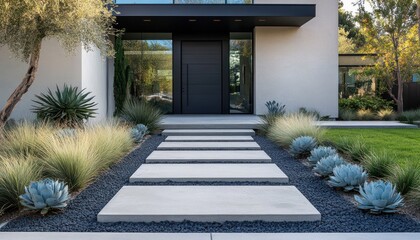 A concrete slab home pathway with gravel and grasses leads to a modern door 2. Generative AI