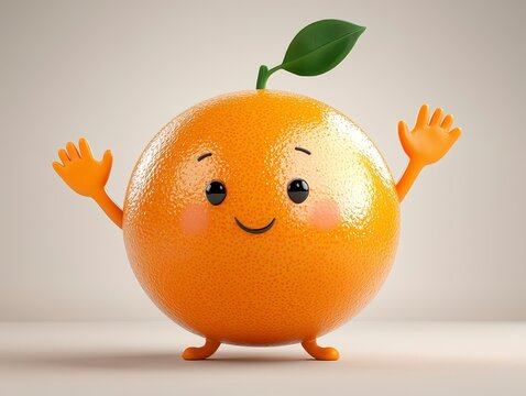 Cheerful Cartoon Orange Character Waves Hello Against Neutral Background