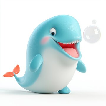 Cheerful Cartoon Whale with Light Blue Texture and Bubbles Isolated on White Backdrop