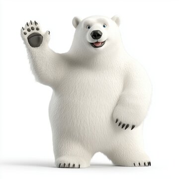 Cheerful Fluffy White Polar Bear Waving Paw Upright on a Clean White Background