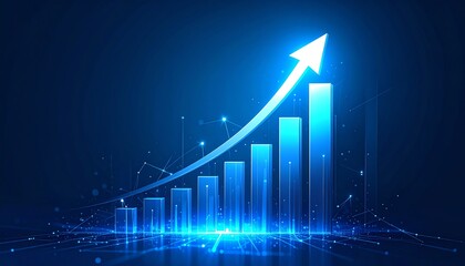 A glowing blue graph shows upward growth with a sharp arrow, symbolizing progress and success in data or finance