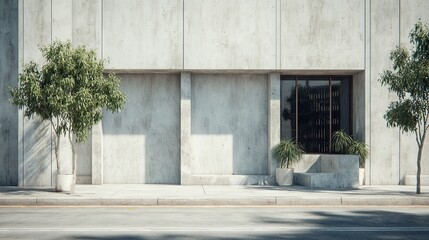 Minimalist Building Facade Urban Scene with Concrete and Greenery.