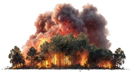 Forest fire engulfing trees with dark smoke.