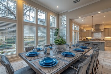 Upscale dining room in Austin home with dark wood table, blue plates and glasses, white blinds on large windows, light tan walls, tile flooring, and kitchen visible