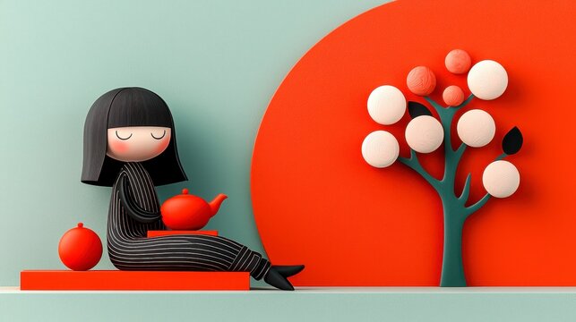 Cute Cartoon Girl with Teapot and Stylized Tree 3D Render