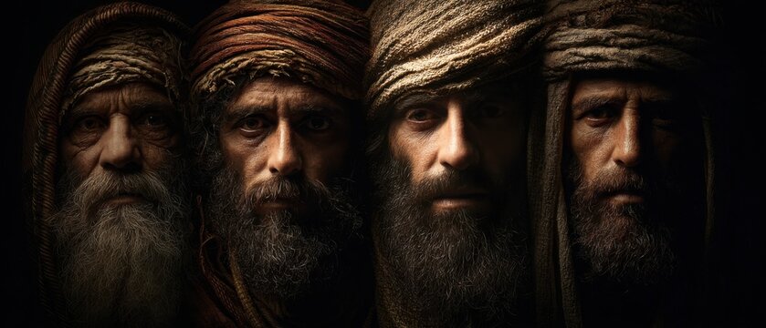 Four men with beards and head coverings in a dramatic close up portrait; historical reenactment; serious expression; dark background; studio shot
