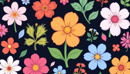 Colorful Floral Pattern Featuring Various Flowers on a Dark Background with Lush Green Leaves