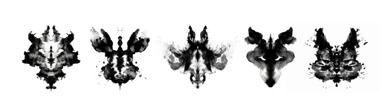 Set of black and white inkblot shapes for Rorschach psychology test