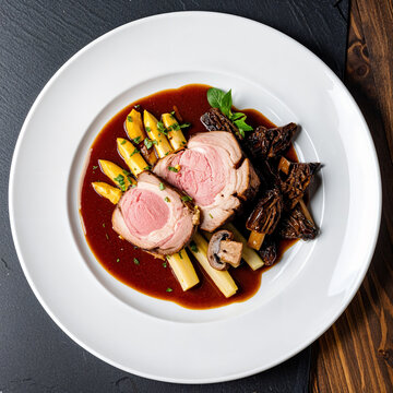 Veal striploin Porchetta, dashi demi-glace scented with Balsamico, white asparagus and sauteed Morel mushrooms