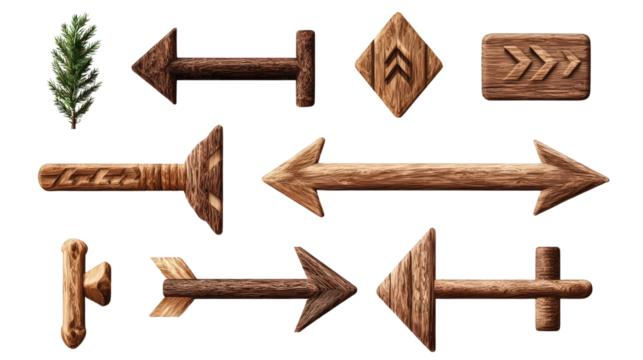 Wooden arrow signs point in different directions next to a pine branch on a clean white background studio shot.