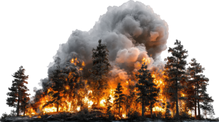 Forest fire with dense smoke and flames.