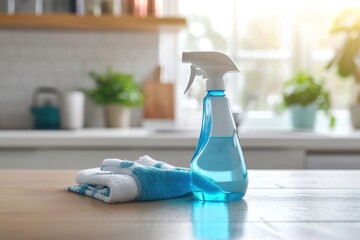 A blue spray bottle with a white nozzle and a blue cloth on a wooden table in a kitchen with a window in the background.