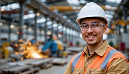Smiling Male Worker in Safety Gear with Hard Hat and Glasses in a Workshop Setting