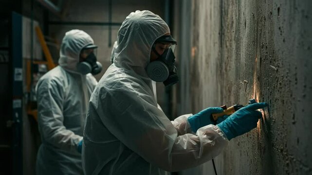 Mold inspector wearing protective gear uses a moisture meter to assess the extent of mold growth on a wall, pest inspection, mold remediation, damp wall assessment, ungus removal, industrial hygienist