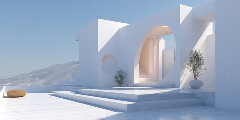 Minimalist White Building with Sea View and Plants in Sunny Day.