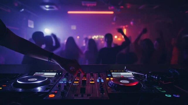 crowd of party-goers, silhouettes, Vinyl record spinning on turntable with dj playing music for dancing people at night club with neon lights, DJ turntable, record spinning, dance club, vibrant neon