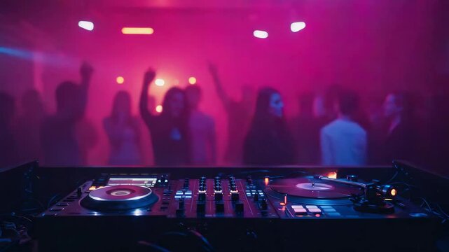 Vinyl record spinning on turntable with dj playing music for dancing people at night club with neon lights, DJ turntable, record spinning, dance club, vibrant neon lighting, crowd of party-goers, 4k v