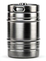 Metal beer keg isolated on white background studio shot close up view of brushed stainless steel container for beverage