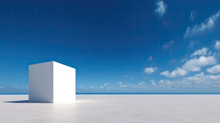 Minimalism White Cube on vast Plateau under a clear blue sky.