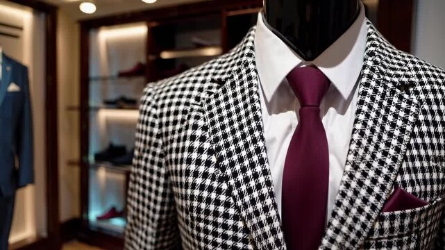 Mannequin in a houndstooth suit with a burgundy tie in a stylish store. Elegant suit and tie display in a modern retail setting. Fashionable suit and tie ensemble.