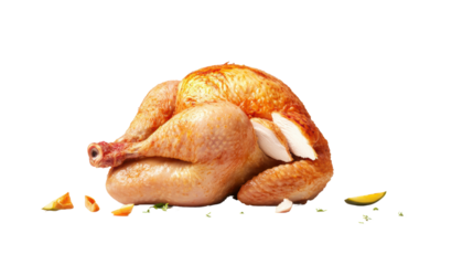 Roasted whole chicken displayed against a bright white background, perfect for festive holiday celebrations.