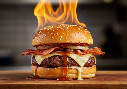 Delicious flame broiled gourmet burger with bacon cheese and caramelized onions on a wooden surface