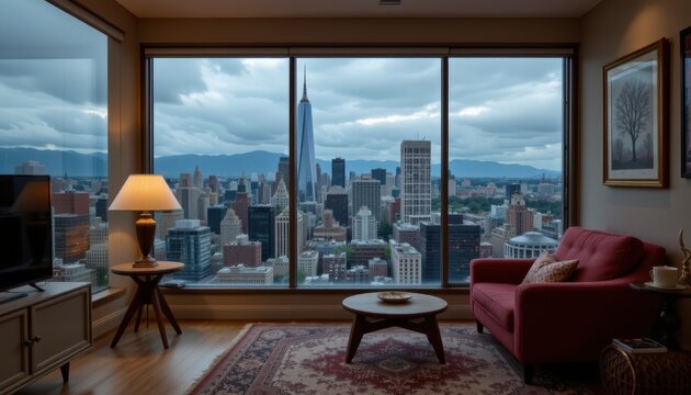 Cozy Apartment Interior with a Stunning Urban Skyline View Under Cloudy Evening Sky