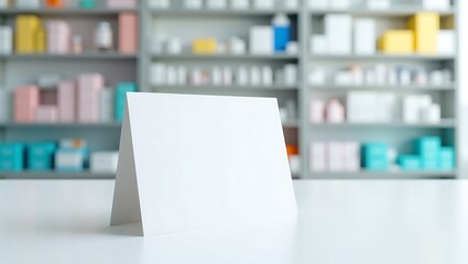 Blank white card on pharmacy counter with blurred shelves and medicines in background