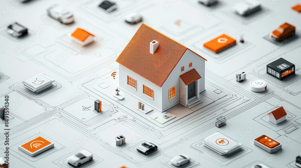 Poster miniature house model surrounded by smart home devices and technology icons, illustrating user cente