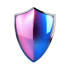 Shiny metallic shield with pink and blue gradient colors reflecting light on a white background symbolizing protection security and safety with high detail and glossy finish