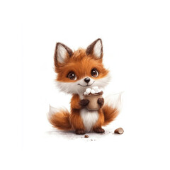 Adorable Fox Cub Enjoying Hot Chocolate with Marshmallows