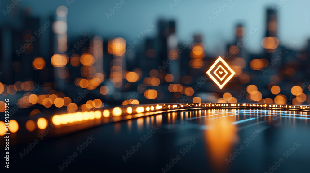 Poster Futuristic cityscape with glowing lights and digital interface creates high tech atmosphere. blurred background suggests bustling urban environment