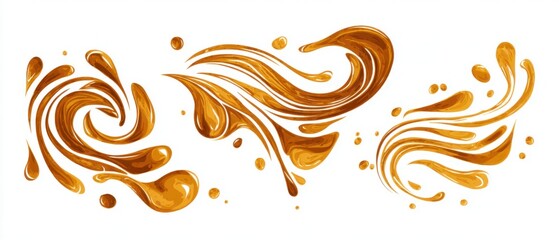 Abstract Caramel Swirls and Splashes on White Background Artistic Illustration Decorative Design