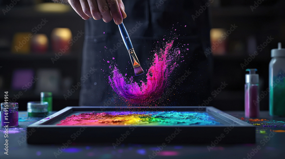 Aufkleber hand holding paintbrush creates vibrant splashes of colorful powder on canvas, showcasing artistic c