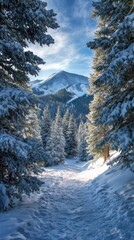 Obraz premium Snow Covered Mountain Peak View Through Forest Trees in Winter Landscape Vertical Scenic View