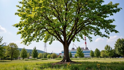 Obraz premium Single Green Tree Standing in a Sunny Park with Industrial Background and Clear Blue Sky