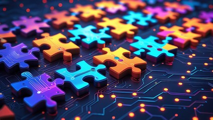Luminous Futuristic Jigsaw Puzzle Pieces Connecting on Digital Circuit Board, Technology and Innovation Concept